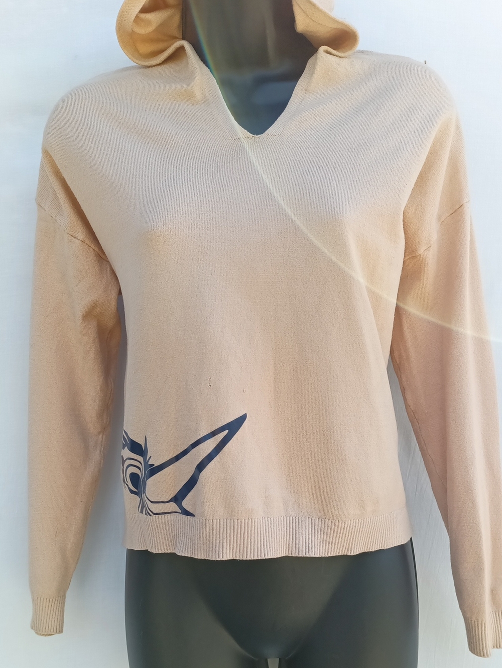 Magaschoni Beige Hooded V-Neck Sweater with Graphics On Front/Back Hem